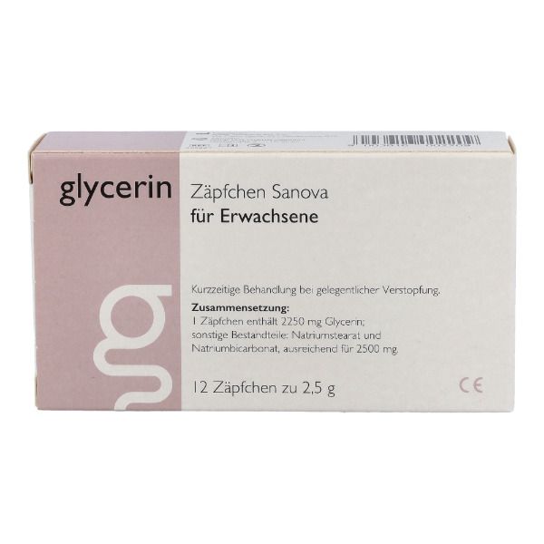 Karton mit SANOVA® Glycerin Zäpfchen für Erwachsene. 12 Zäpfchen. Text: Zusammensetzung, CE-Zeichen.