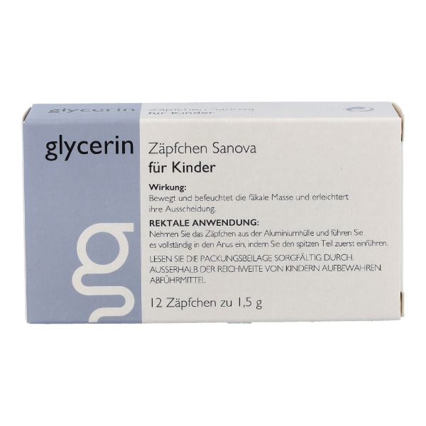 Karton mit 12 Zäpfchen. Aufschrift: Glycerin Zäpfchen Sanova für Kinder. Text über Wirkung und Anwendung.