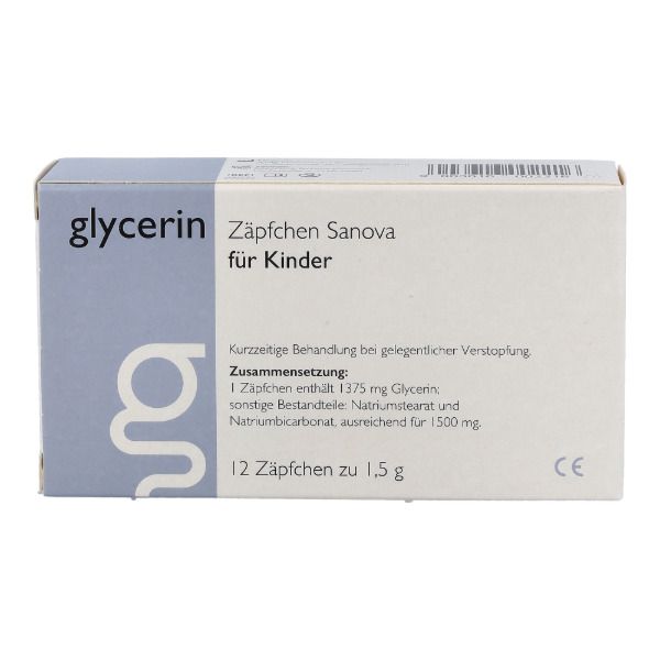 Karton mit 12 Zäpfchen. Aufschrift: Glycerin Zäpfchen Sanova für Kinder. Text über kurzzeitige Behandlung.