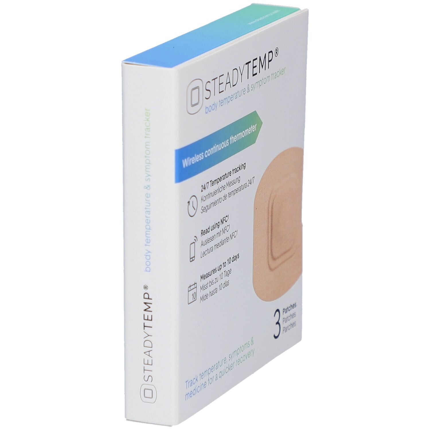 Schrägansicht der SteadyTemp® Verpackung. Enthält 3 Pflaster. Text: Wireless continuous thermometer, 24/7 Temperaturmessung.