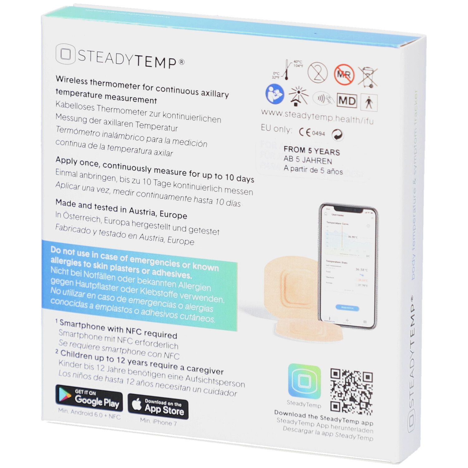 Rückseite der SteadyTemp® Verpackung. Text: Wireless thermometer, kontinuierliche Messung. Hergestellt in Österreich. App-Download.