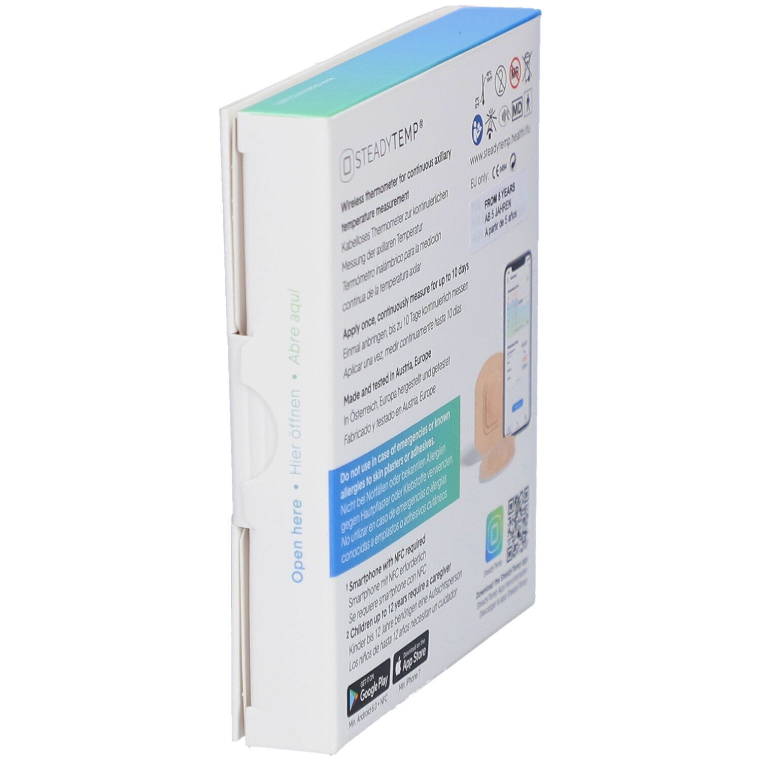 Schrägansicht der geöffneten SteadyTemp® Verpackung. Text: Wireless thermometer, kontinuierliche Messung. App-Download.