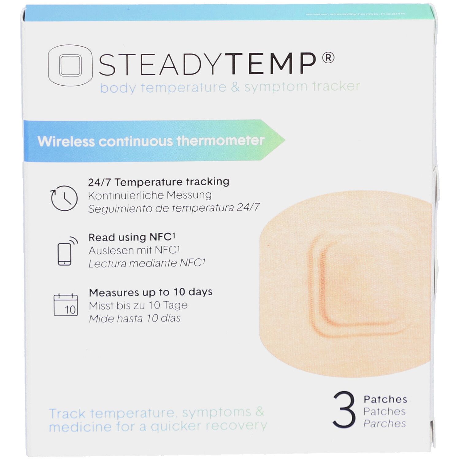 Verpackung mit SteadyTemp® Thermometer. Enthält 3 Pflaster. Text: Wireless continuous thermometer, 24/7 Temperaturmessung.