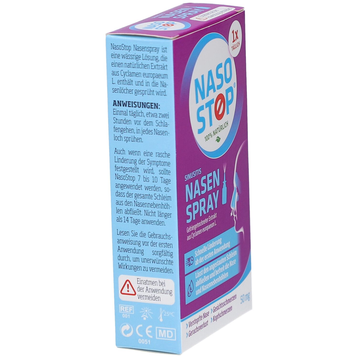 Nasen Spray-Verpackung, schräg. Lila-weiß. Text: NASOSTOP, Nasenspray. Aufdruck: 1x täglich. Illustration: Profil einer Nase.