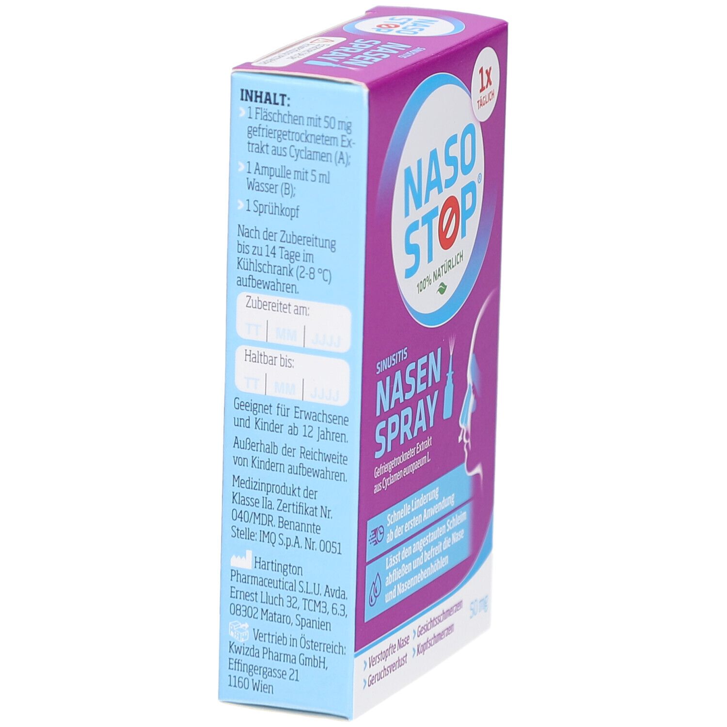 Nasen Spray-Verpackung, schräg. Lila-weiß. Text: NASOSTOP, Nasenspray. Aufdruck: 1x täglich. Illustration: Profil einer Nase.