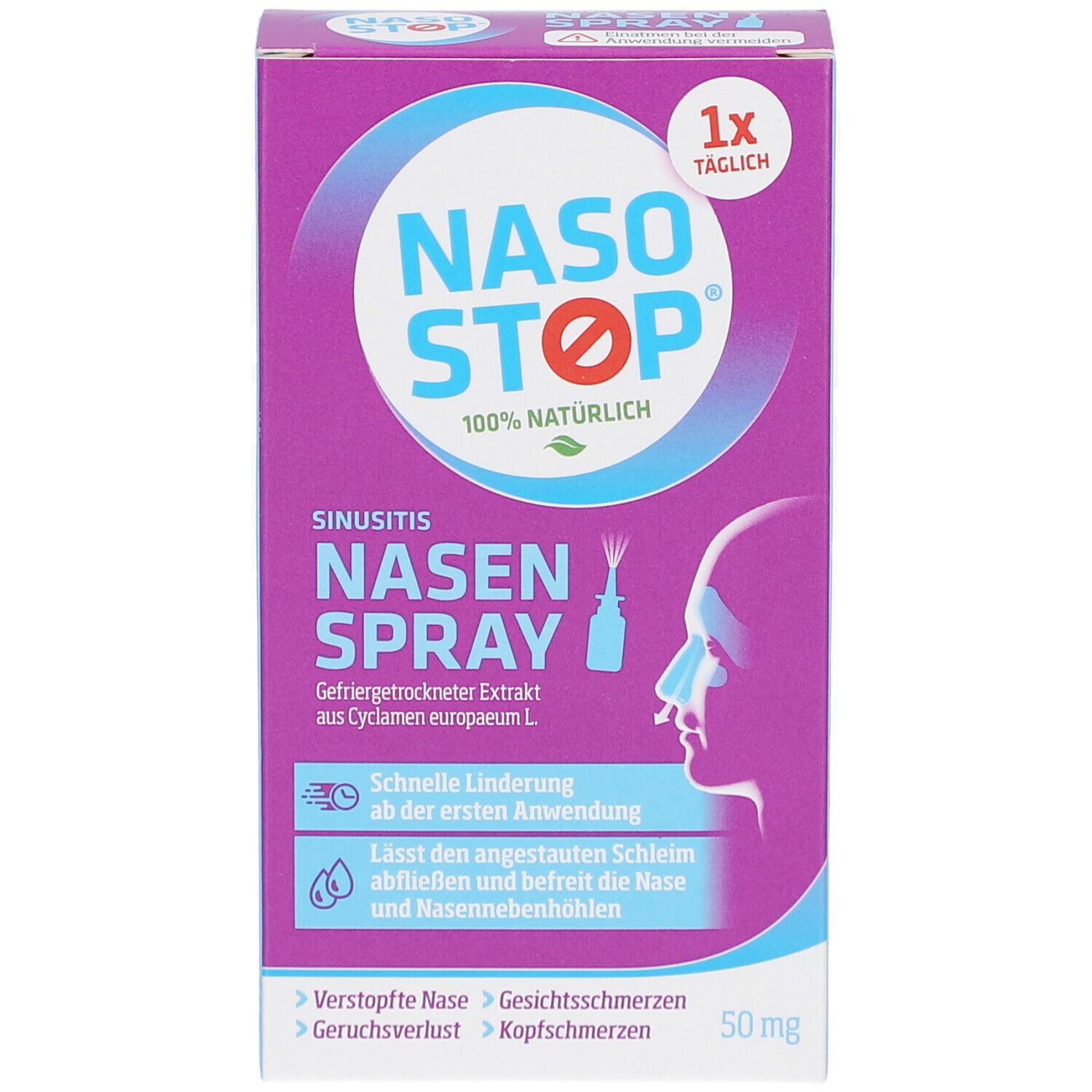 Nasen Spray-Verpackung. Lila-weiß. Text: NASOSTOP, Nasenspray, 100% natürlich. Illustration: Profil einer Nase.