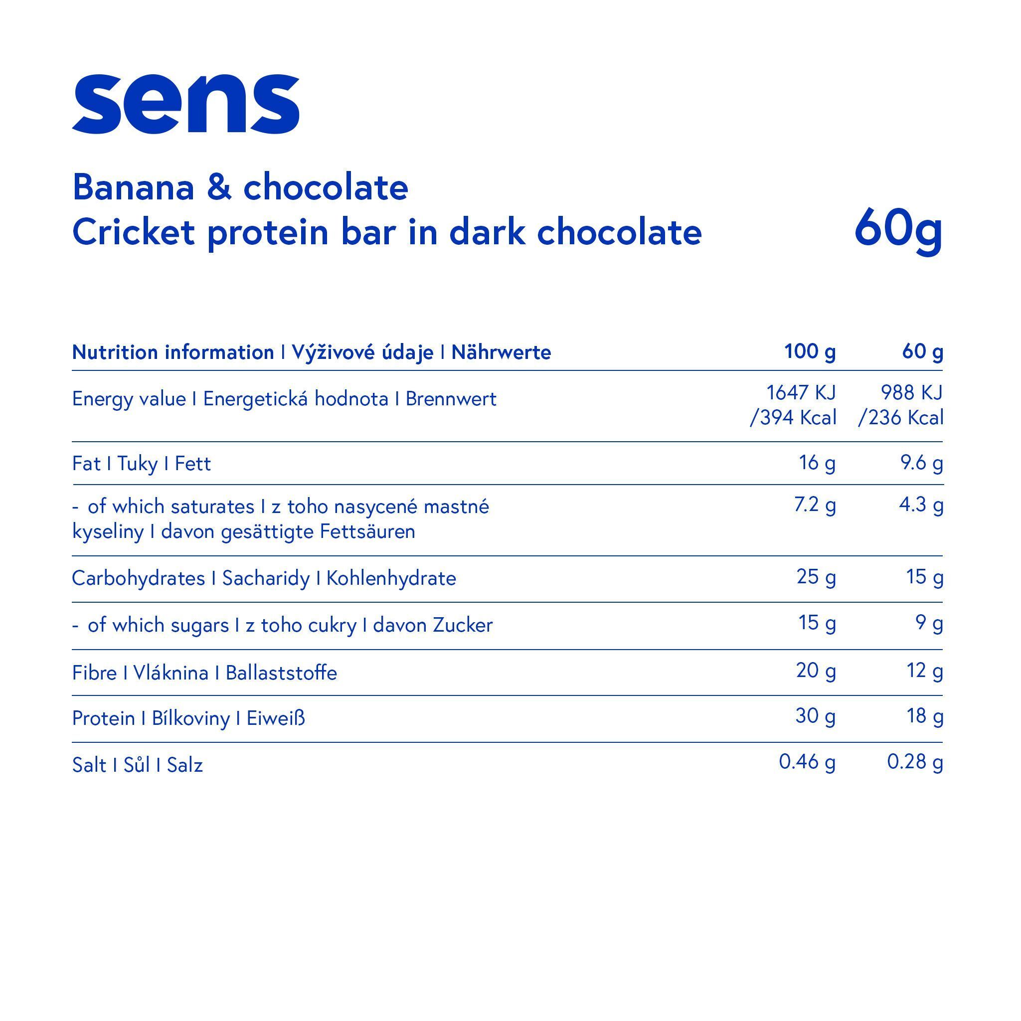 Nährwerttabelle für Proteinriegel. Text: "sens", "Banana & chocolate", "Cricket protein bar in dark chocolate", "60g".