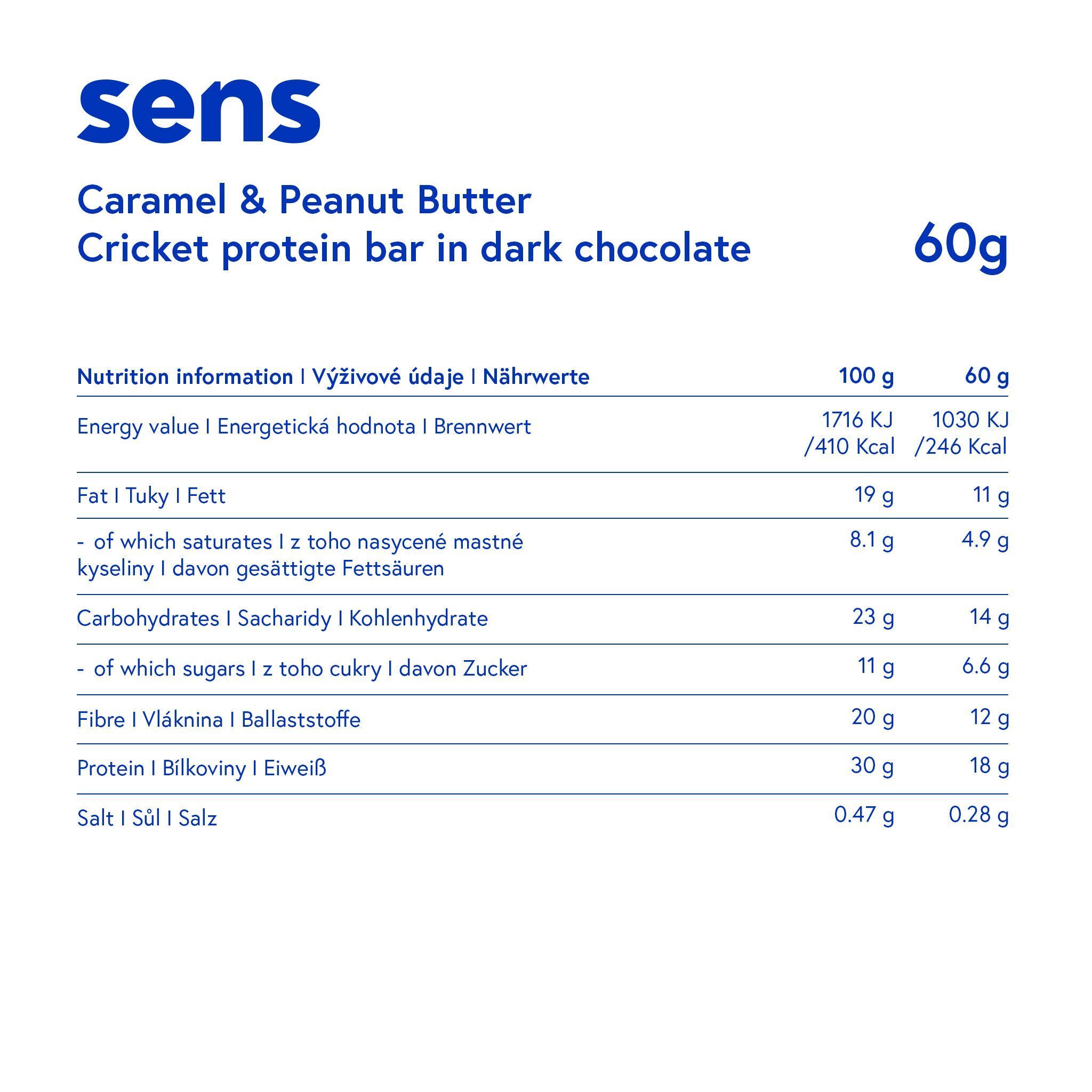 Nährwerttabelle für Proteinriegel. Marke: sens. Angaben zu Energie, Fett, Kohlenhydraten, Ballaststoffen, Protein und Salz.