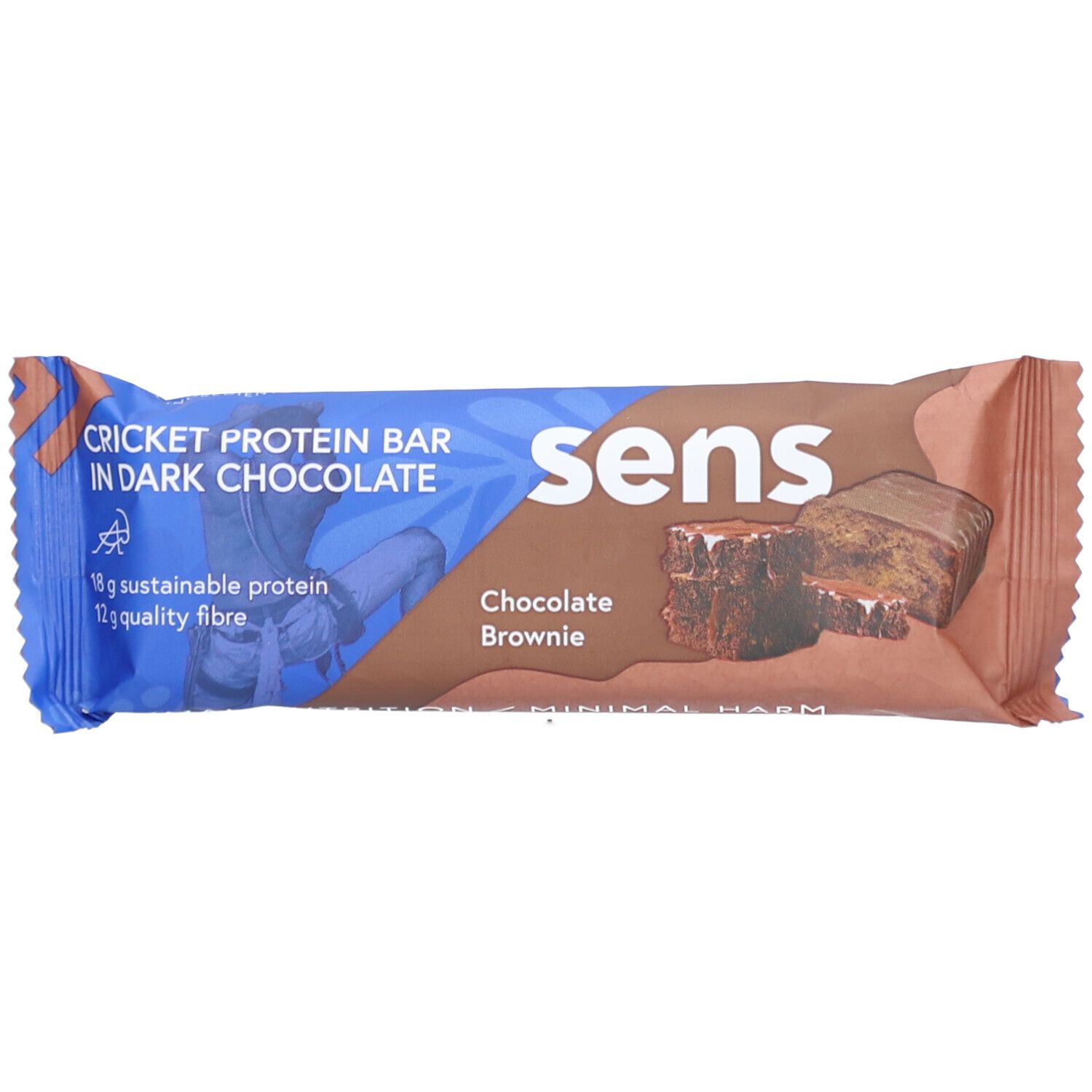 Proteinriegel in Verpackung. Aufschrift: Sens, Cricket Protein Bar in Dark Chocolate, Chocolate Brownie.