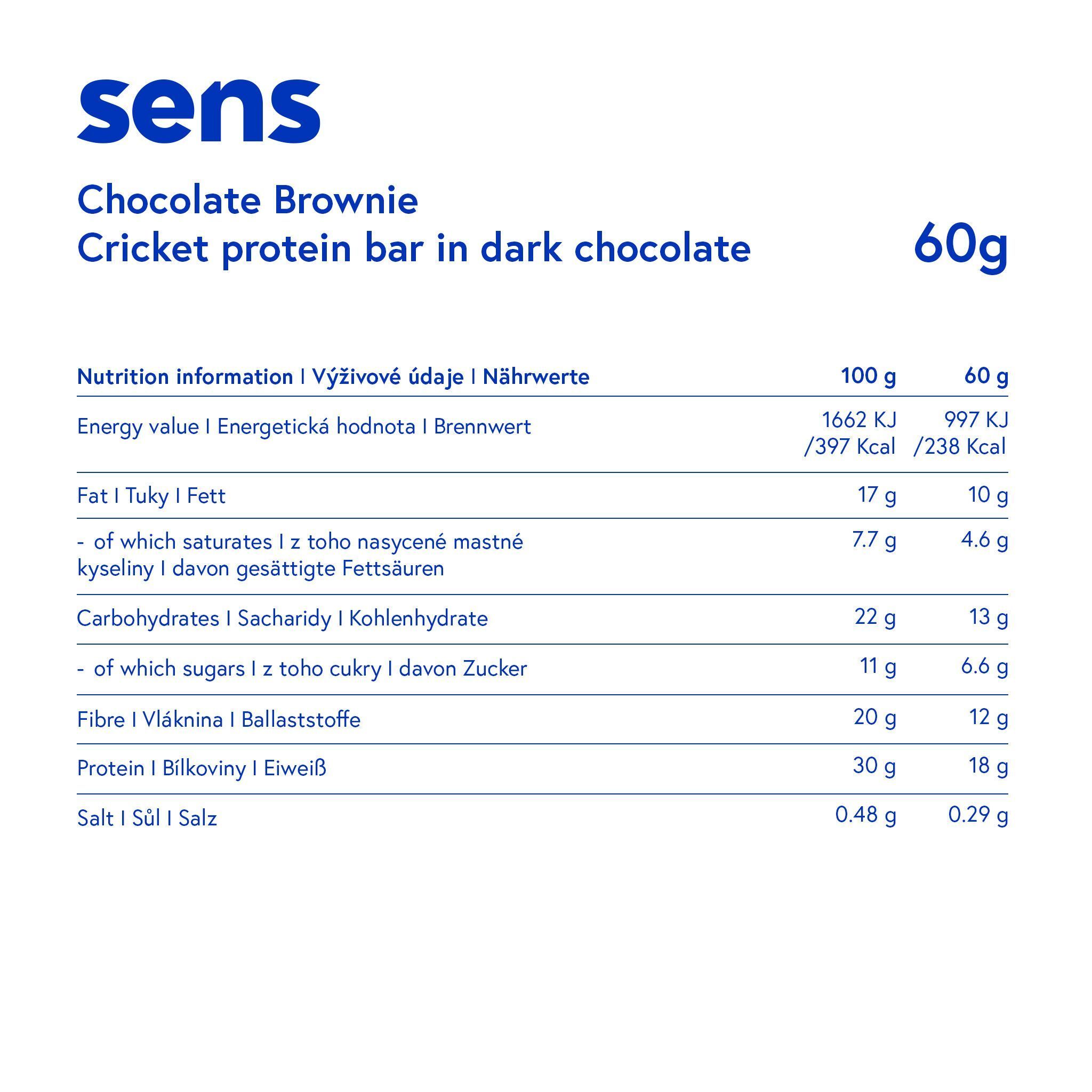 Nährwertangaben für Proteinriegel. Marke Sens. Aufschrift: Chocolate Brownie, Cricket Protein Bar in dark chocolate. 60g.