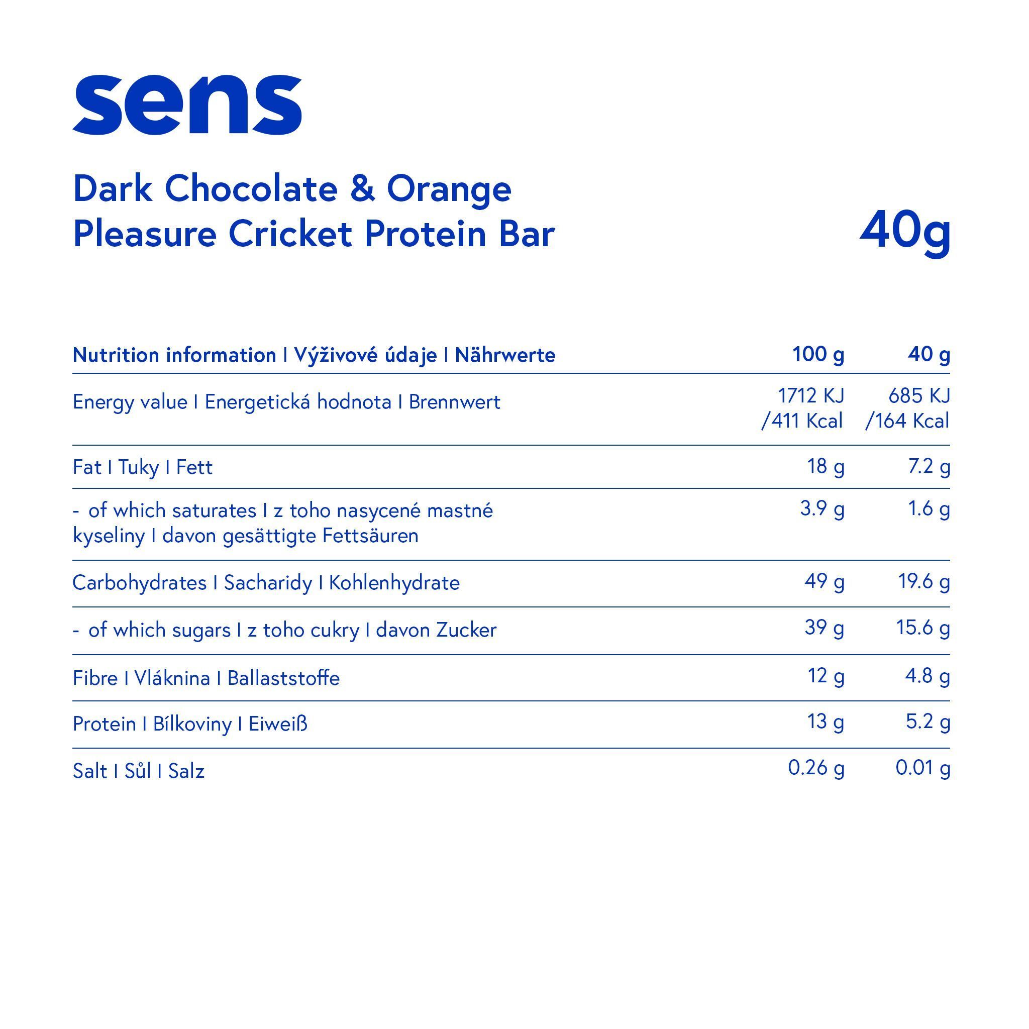 Nährwerttabelle für Proteinriegel. Angaben pro 100g und 40g. Aufschrift: Sens, Dark Chocolate & Orange, Pleasure Cricket Protein Bar.