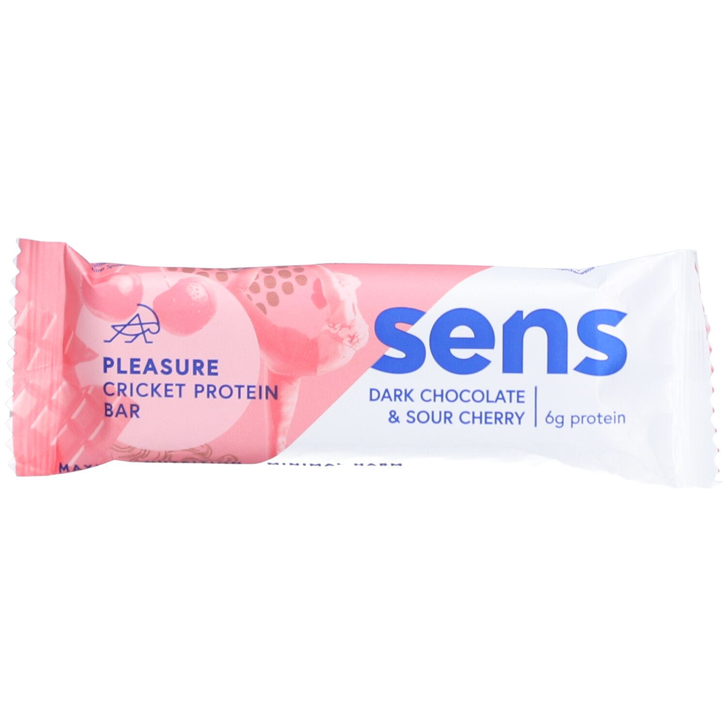 Proteinriegel in rosa-weißer Verpackung. Aufdruck: "sens", "Dark Chocolate & Sour Cherry", 6g Protein. Abbildung von Kirschen.