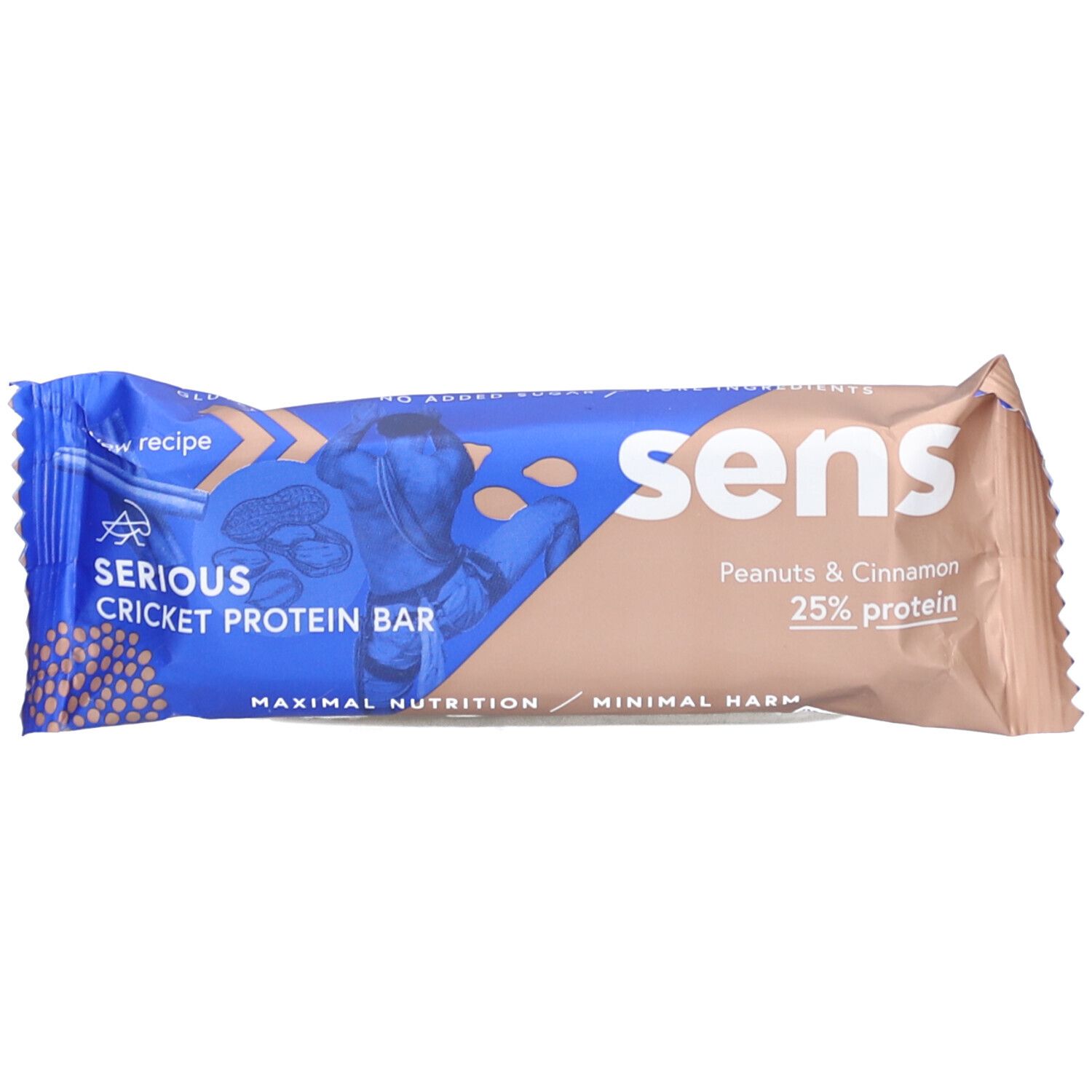 Proteinriegel in Verpackung. "Sens"-Logo, "Serious Cricket Protein Bar", Erdnuss & Zimt, 25% Protein.