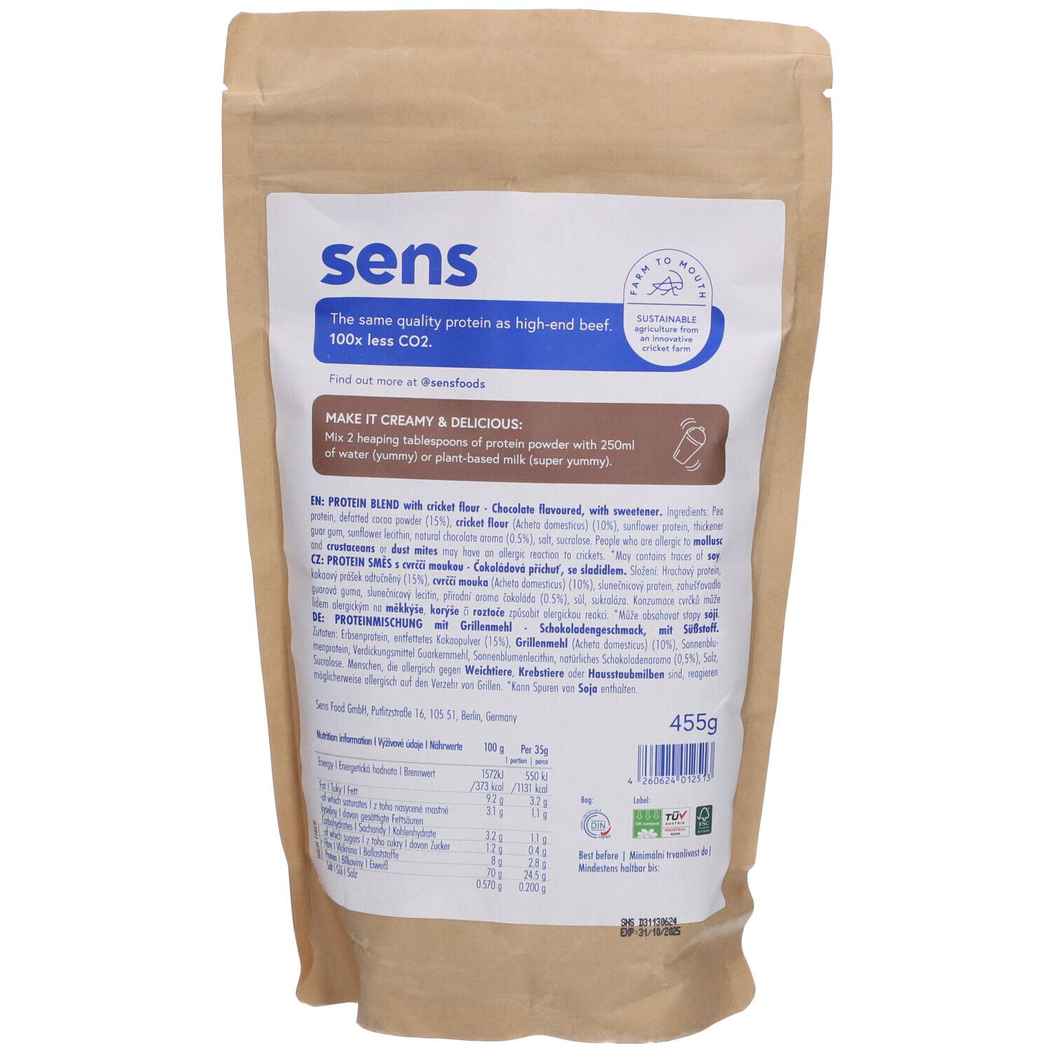 Rückseite des Sens Protein Shake Schokolade Beutels. Text: "The same quality protein as high-end beef 100x less CO2".