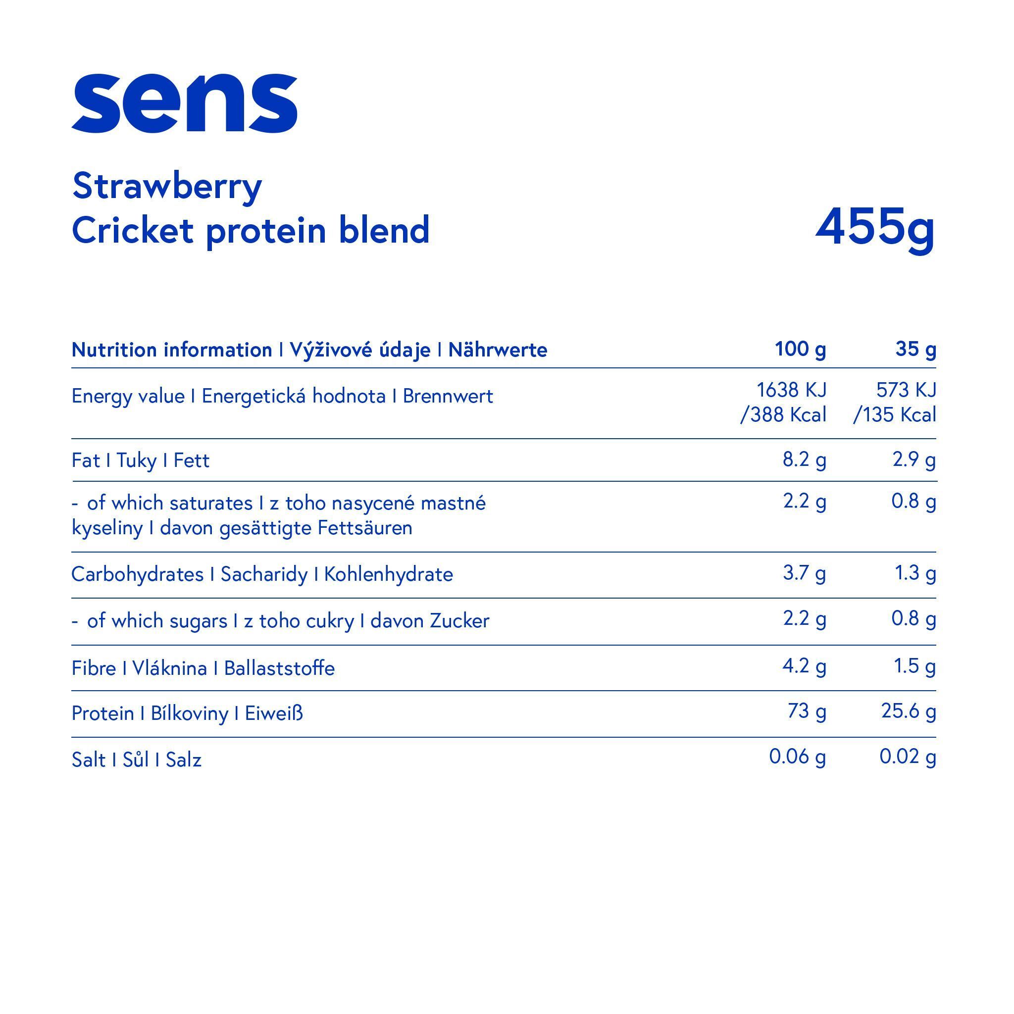 Nährwerttabelle von Sens Proteinshake. Angaben pro 100g und 35g. Enthält Informationen zu Energie, Fett, Kohlenhydraten, Protein und Salz.