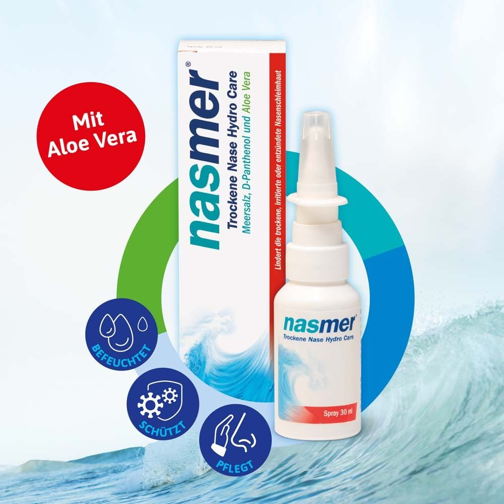 Produkt mit Verpackung. Nasmer Nasenspray mit Aloe Vera. Roter Kreis mit Text. Blaue Icons.