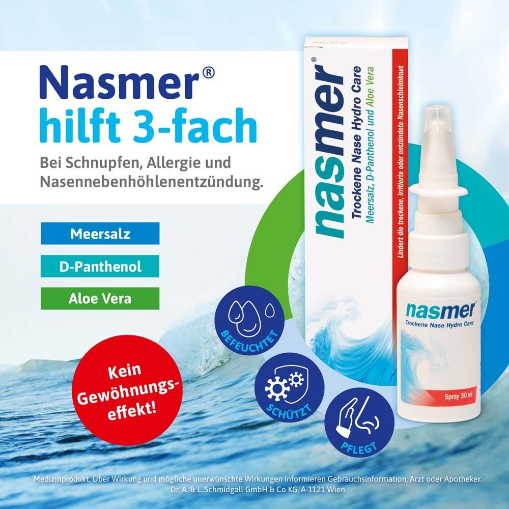 Produkt mit Verpackung. Nasmer Nasenspray. Blaue Icons. Text: Hilft 3-fach. Kein Gewöhnungseffekt!