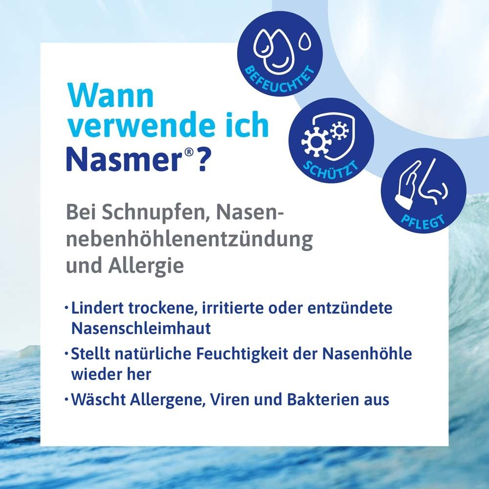 Text-Infografik. Wann Nasmer verwenden? Bei Schnupfen, Nasennebenhöhlenentzündung und Allergie. Blaue Icons.