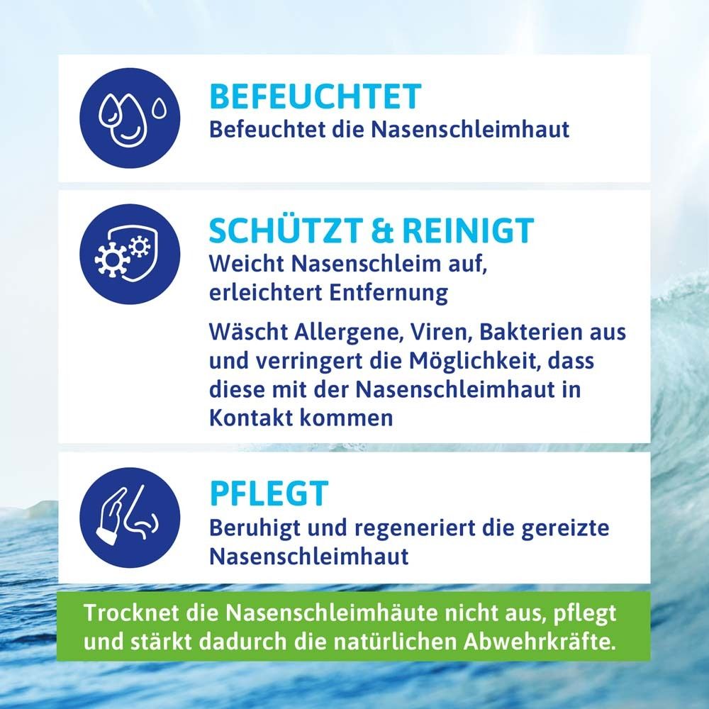 Text-Infografik. Befeuchtet, schützt & reinigt, pflegt. Blaue Icons. Text über Nasenpflege.