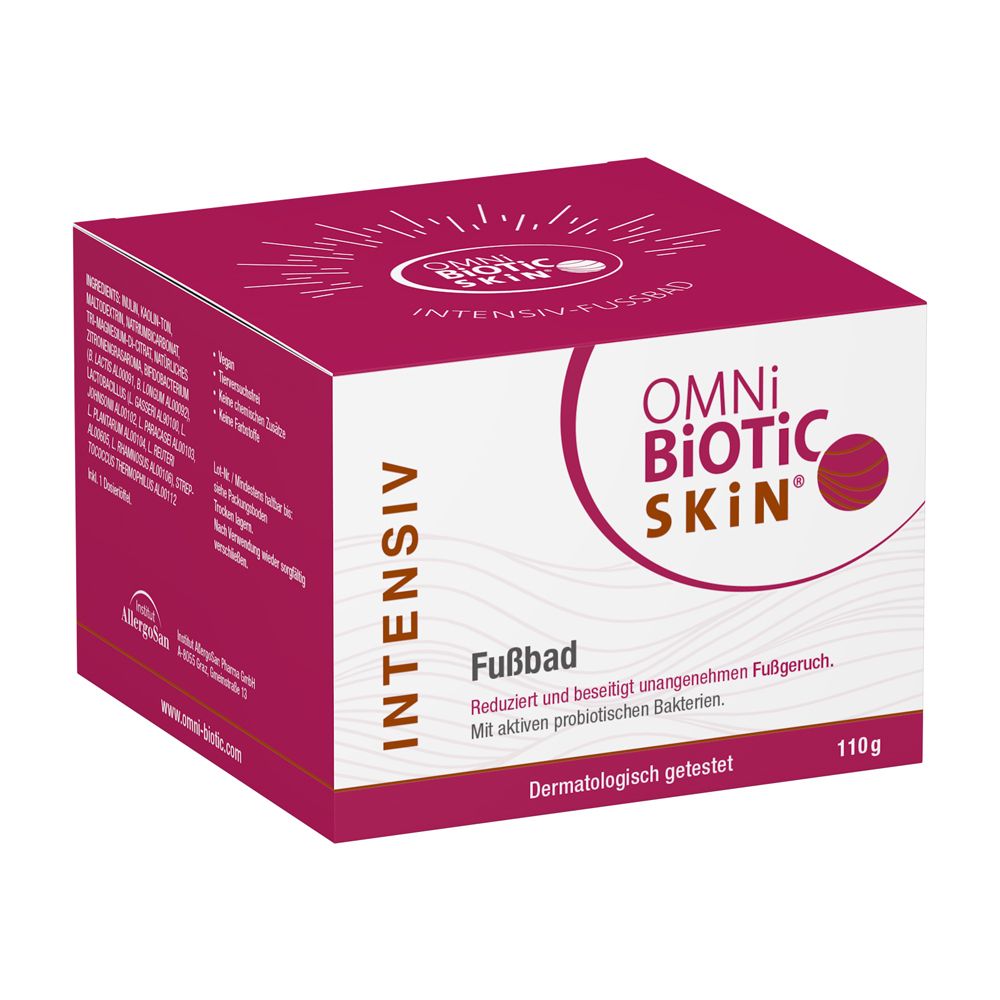 OMNi-BiOTiC SKiN® Intensiv-Fußbad. Rechteckige Verpackung, weiß-rot. Text: Intensiv, Fußbad, reduziert unangenehmen Fußgeruch. 110g.