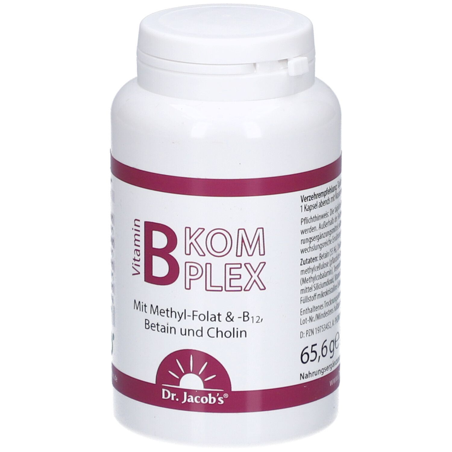 Weiße Flasche mit lila Streifen. Aufschrift: Vitamin B Komplex, Dr. Jacob's. Enthält Methyl-Folat, B12, Betain und Cholin.