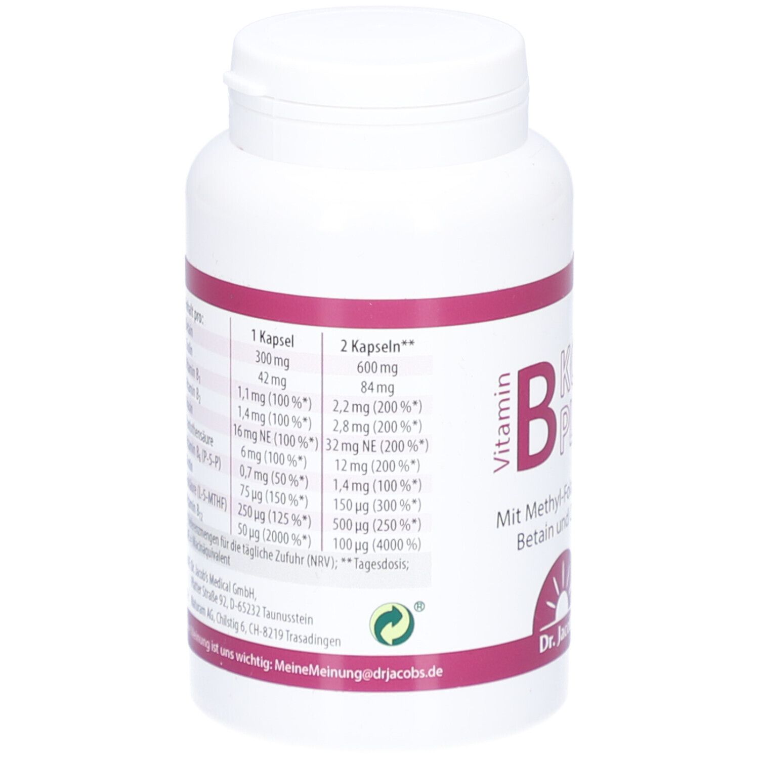 Rückseite der weißen Flasche. Enthält Nährwertangaben für 1 und 2 Kapseln. Mit grünem Vegan-Siegel.