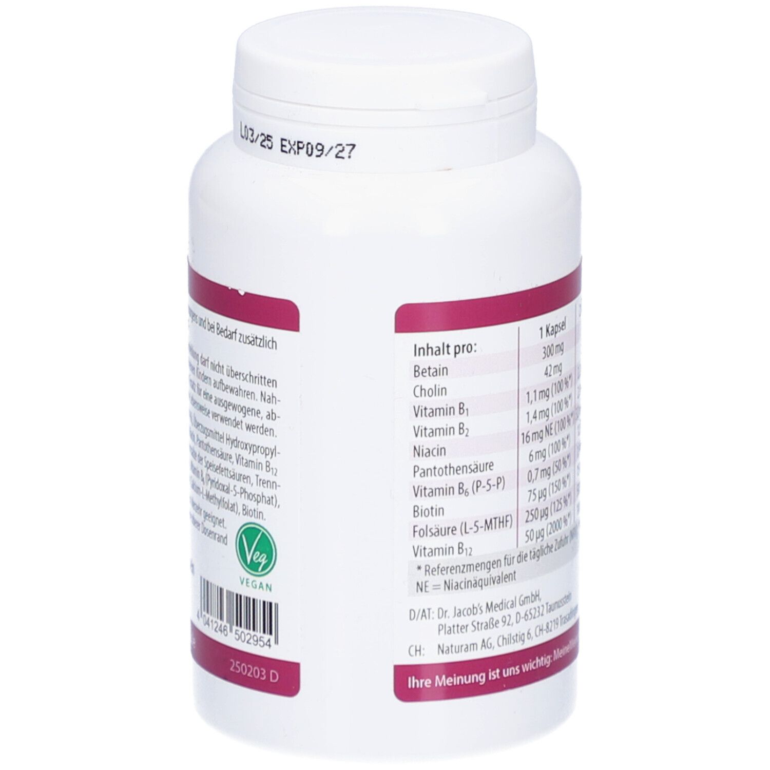 Weiße Flasche mit lila Streifen. Vegan-Siegel. Enthält Nährwertangaben. Mindesthaltbarkeitsdatum: 09/27.