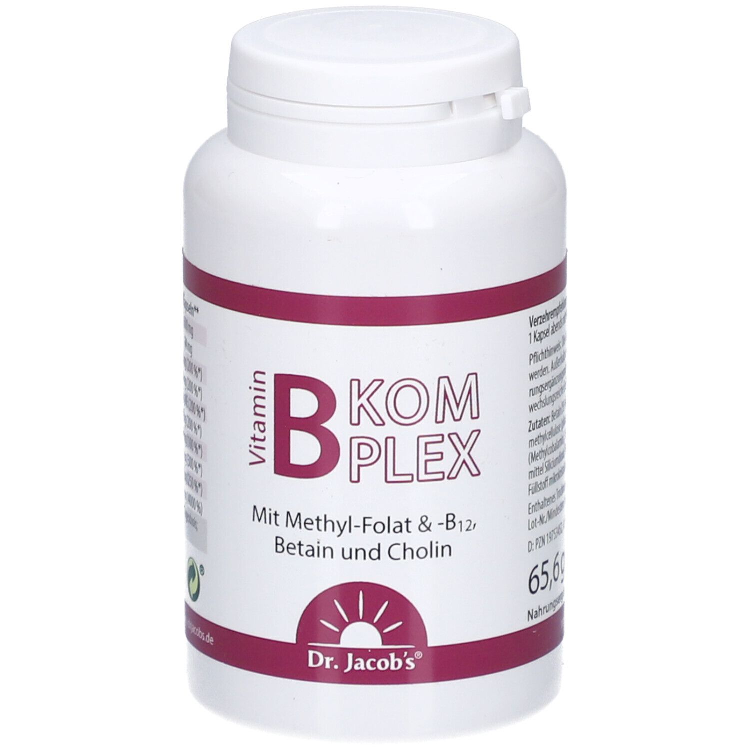 Weiße Flasche mit lila Streifen. Aufschrift: Vitamin B Komplex, Dr. Jacob's. Enthält Methyl-Folat, B12, Betain und Cholin.