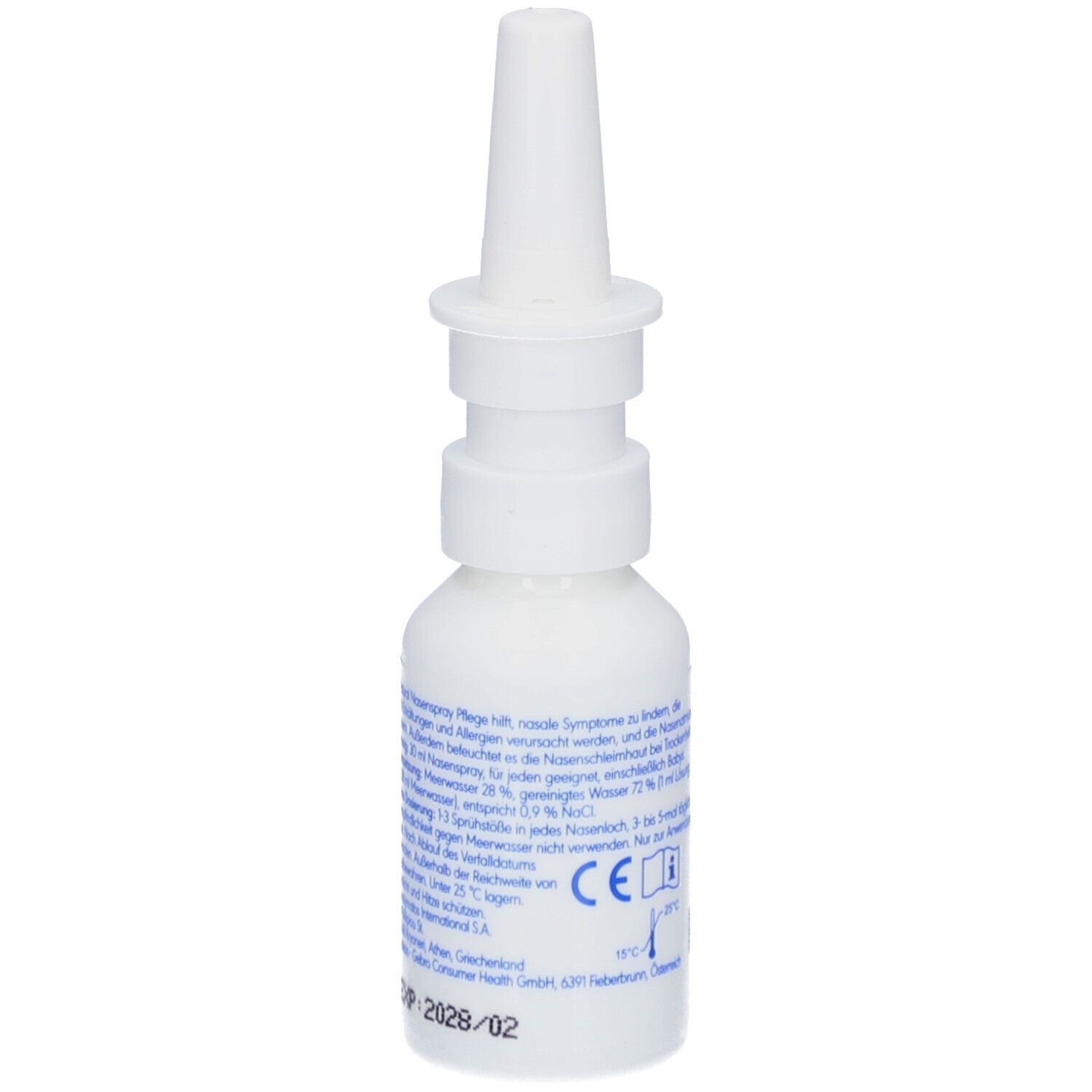 Weiße Flasche mit Nasenspray-Aufsatz. Aufschrift: Otrivin Natural. Enthält Informationen und Symbole, sowie ein Verfallsdatum.