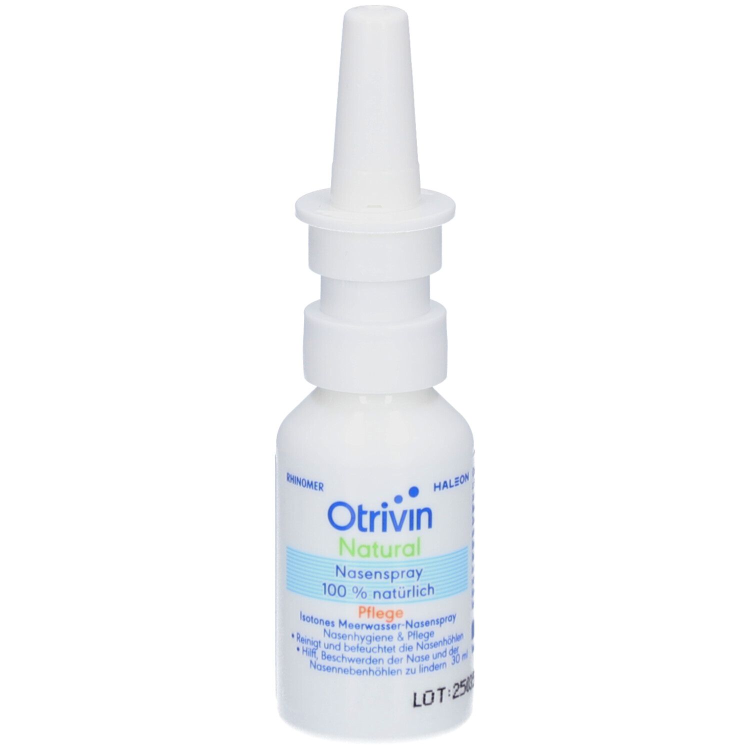 Weiße Flasche mit Nasenspray-Aufsatz. Aufschrift: Otrivin Natural, 100% natürlich, Pflege. Enthält Informationen.