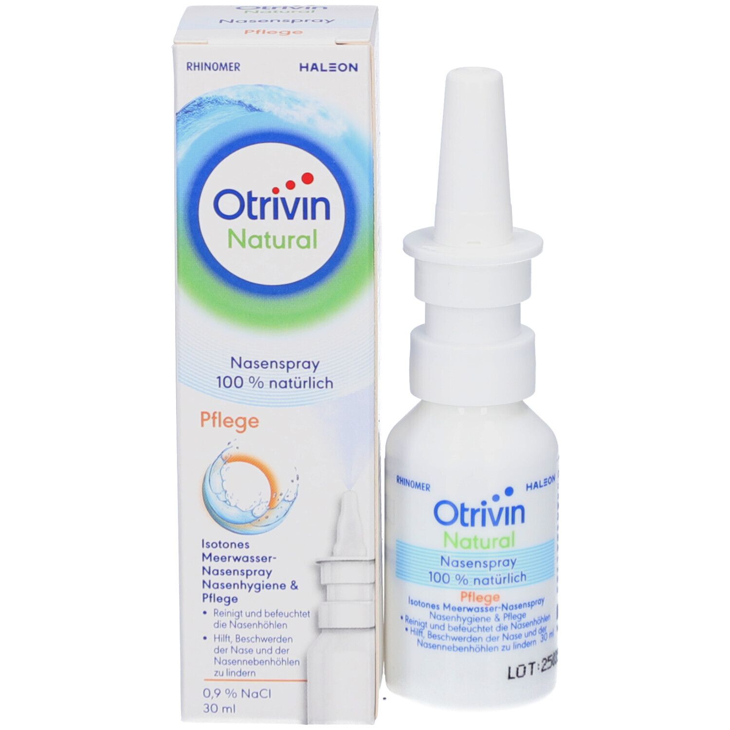 Produktverpackung und Flasche. Aufschrift: Otrivin Natural Nasenspray. Enthält Informationen und eine Abbildung des Produkts.