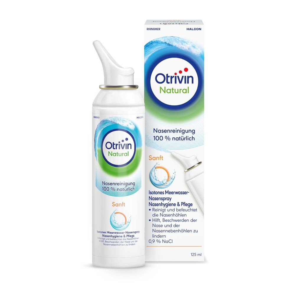 Nasenspray Otrivin Natural, Flasche und Verpackung. 100% natürlich. Sanft. Isotonisches Meerwasser.