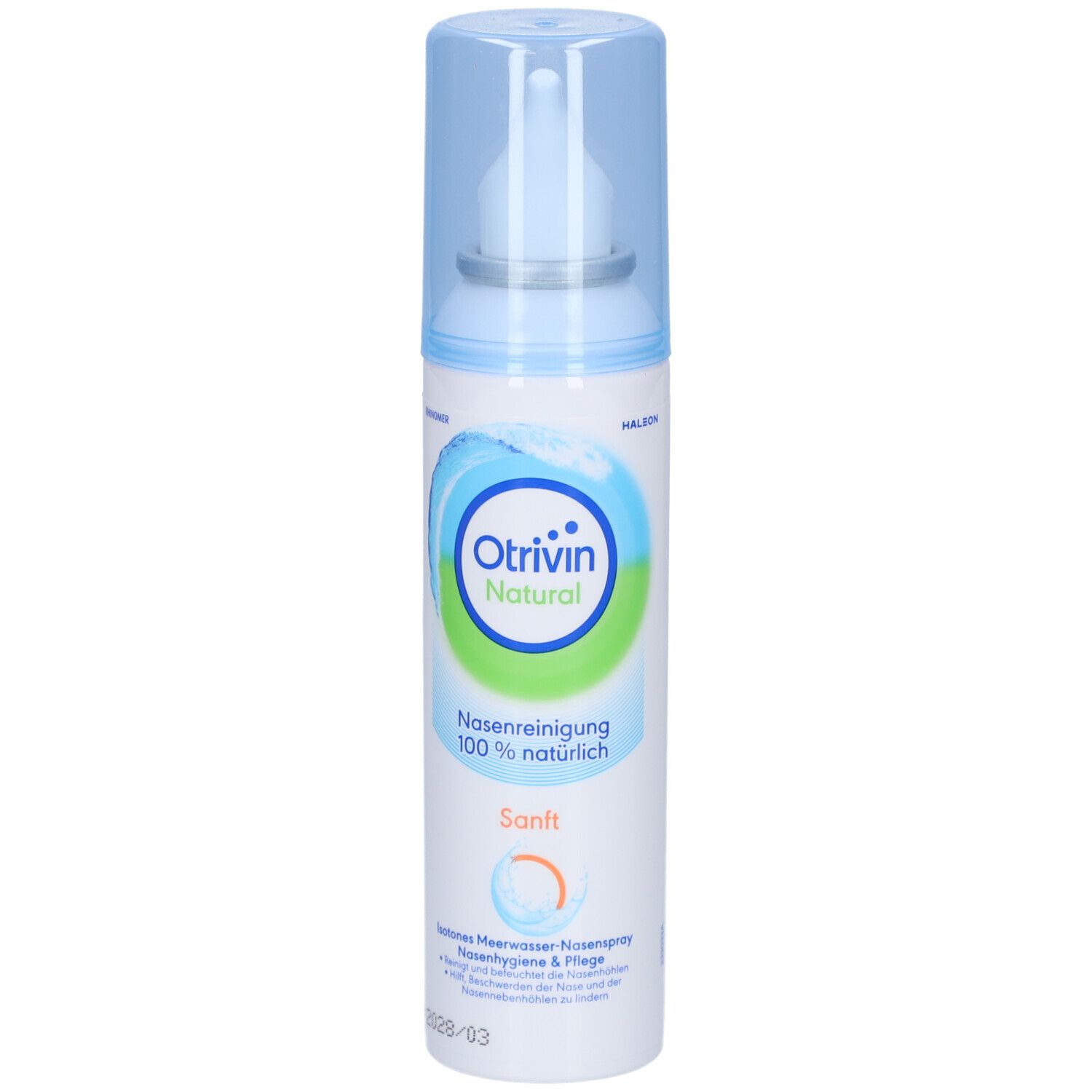 Nasenspray mit blauem Deckel. Aufschrift: Otrivin Natural, Nasenreinigung, Sanft. 100% natürlich.