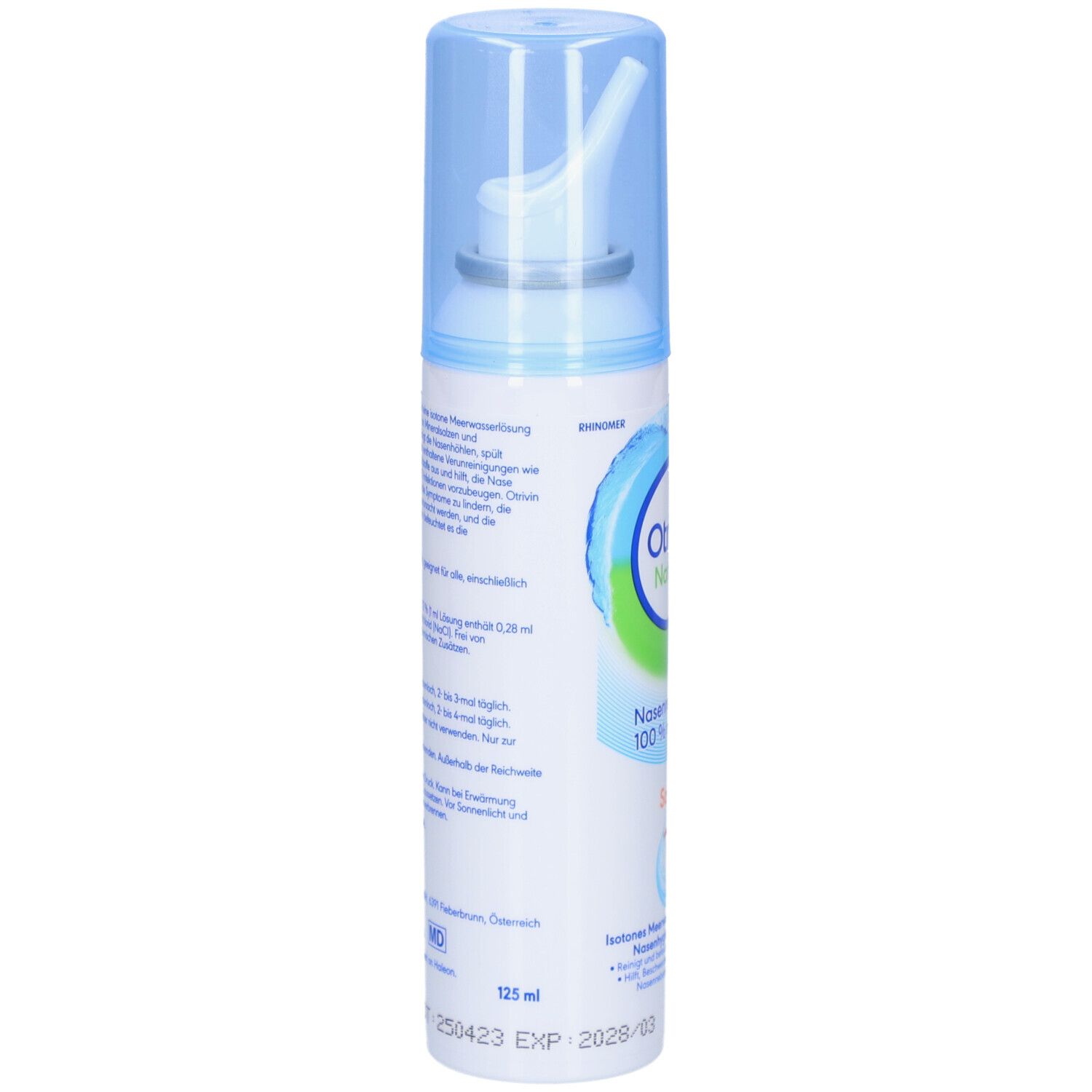 Nasenspray-Flasche, Seite. Blaue Kappe. Text: Otrivin Natural, 125 ml, EXP: 2028/03.