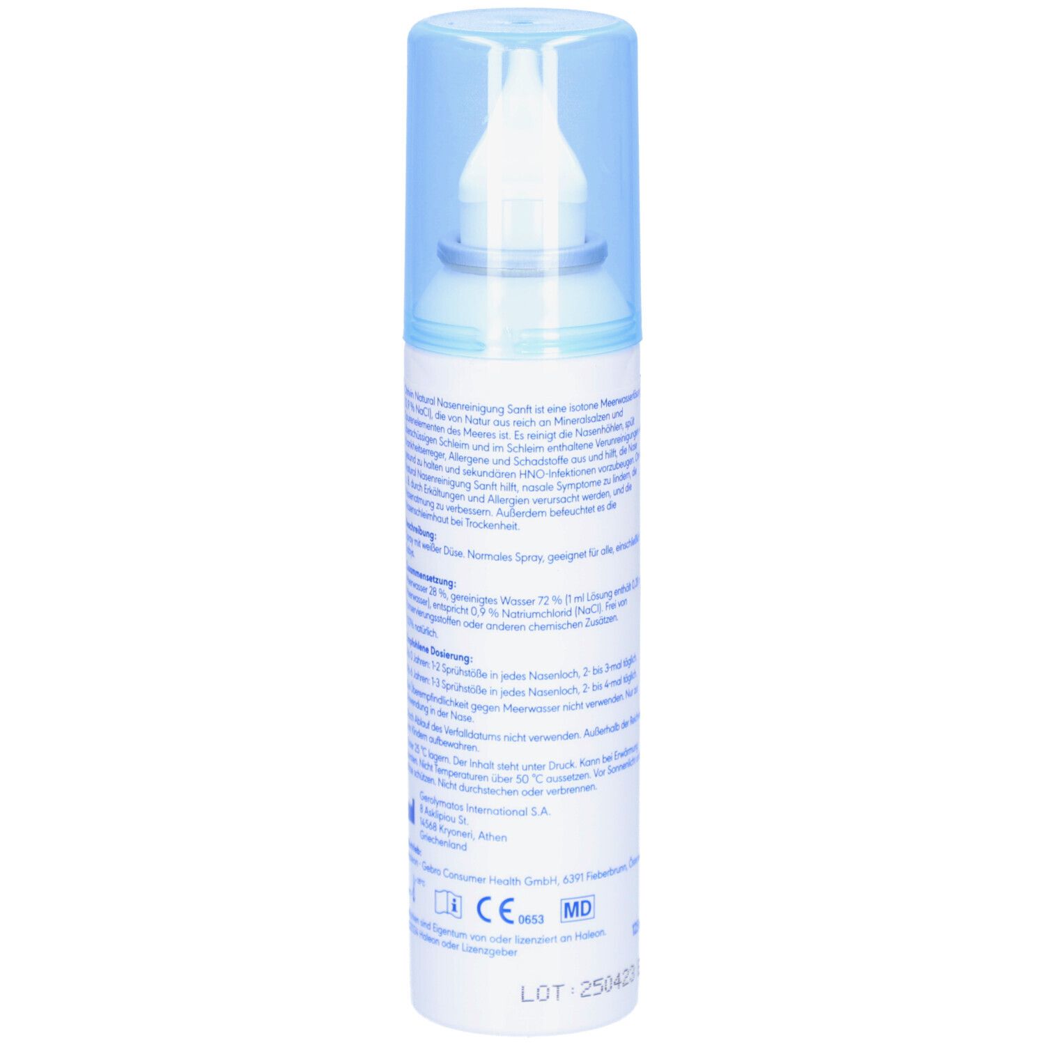 Nasenspray-Flasche, Seite. Blaue Kappe. Text: Otrivin Natural, Informationen zur Anwendung.