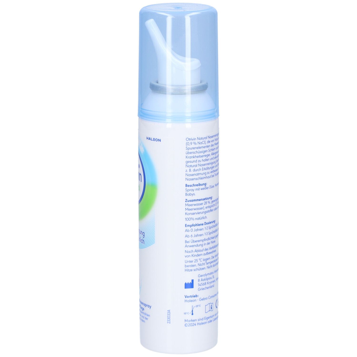 Nasenspray-Flasche, Seite. Blaue Kappe. Text: Otrivin Natural, Informationen zur Anwendung.