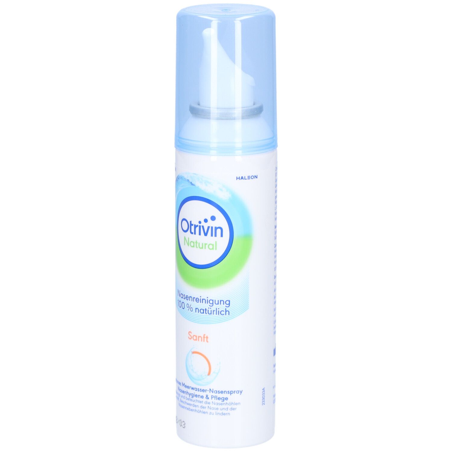 Nasenspray mit blauem Deckel. Aufschrift: Otrivin Natural, Nasenreinigung, Sanft. 100% natürlich.