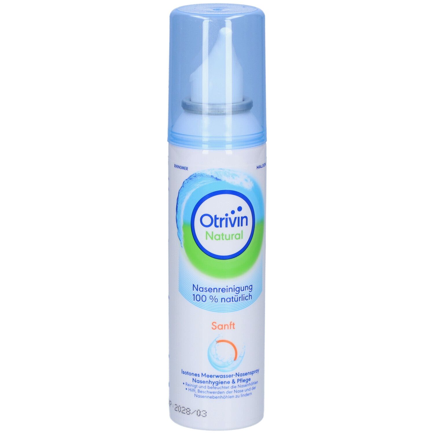 Nasenspray mit blauem Deckel. Aufschrift: Otrivin Natural, Nasenreinigung, Sanft. 100% natürlich.