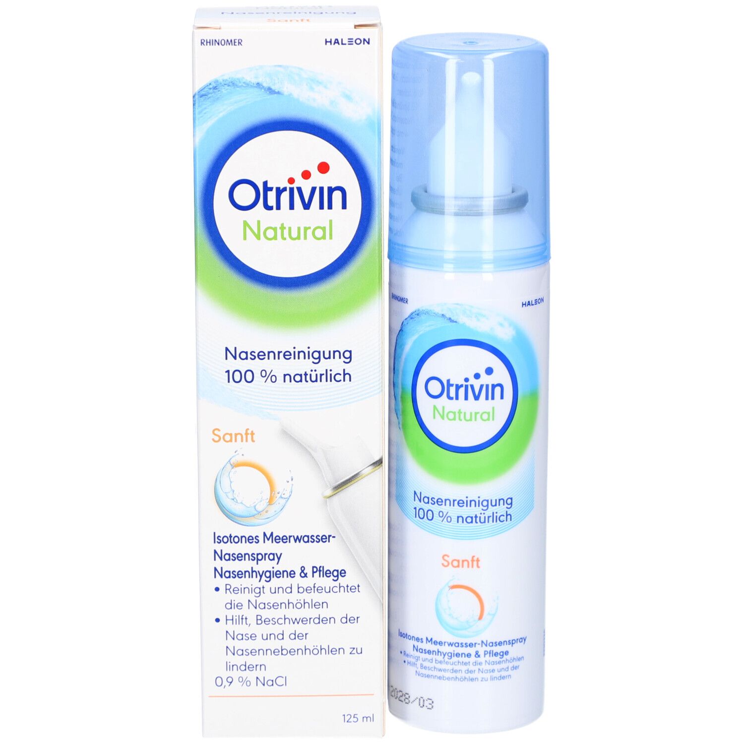 Nasenspray und Verpackung. Aufschrift: Otrivin Natural, Nasenreinigung, Sanft. 100% natürlich. 125 ml.