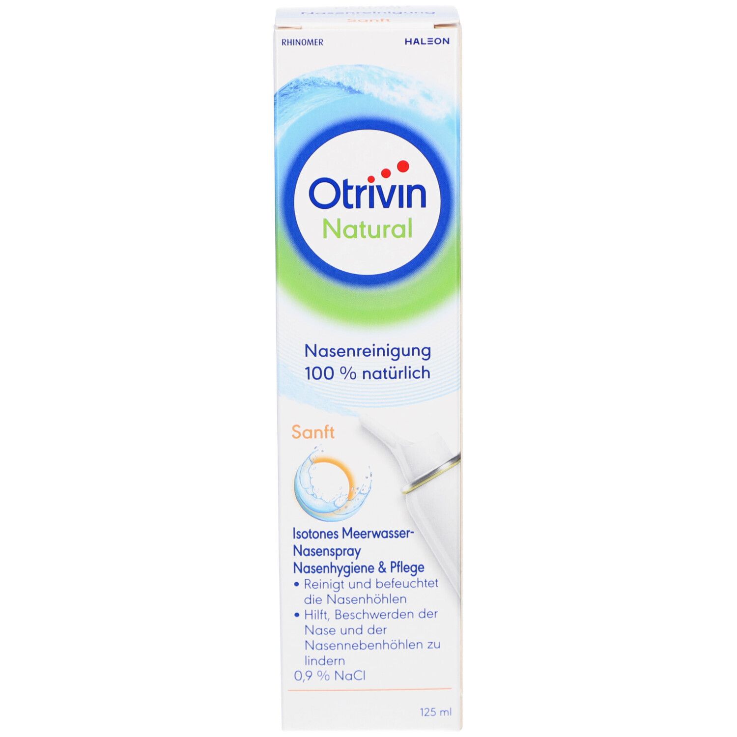 Verpackung. Aufschrift: Otrivin Natural, Nasenreinigung, Sanft. 100% natürlich. 125 ml.