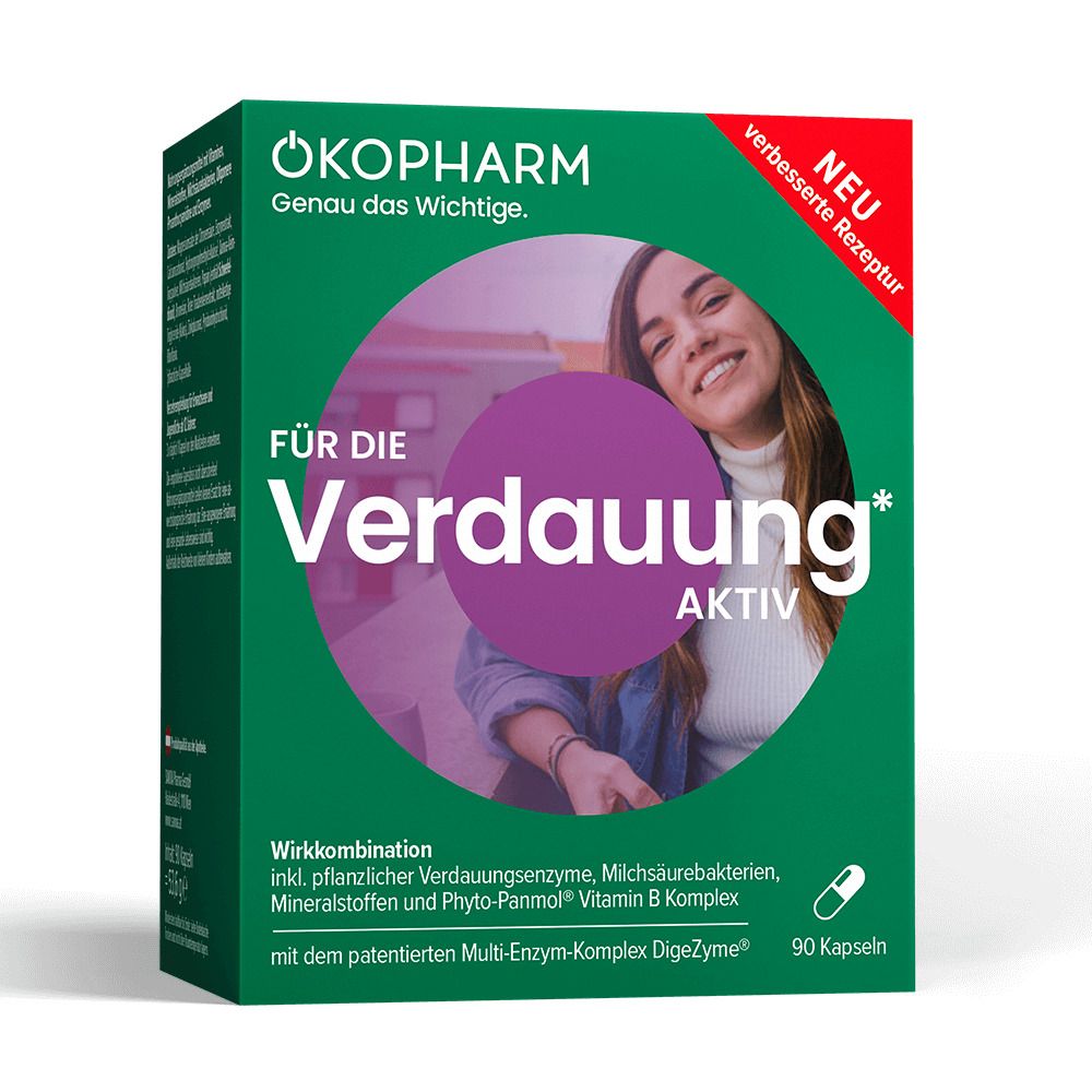 Grüne Schachtel mit Produktnamen und Frau. Text: Für die Verdauung aktiv. Enthält 90 Kapseln. Mit verbessertem Rezept.