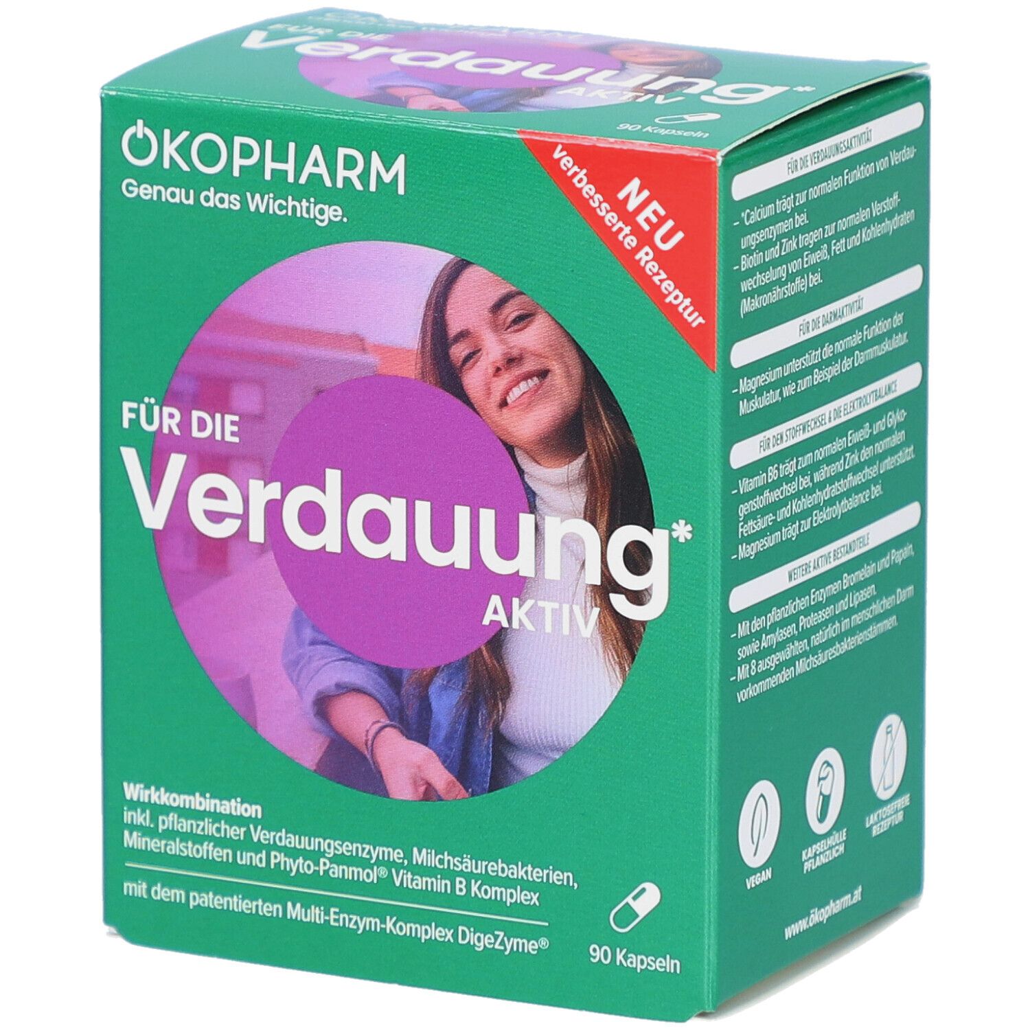 Grüne Schachtel mit Produktnamen und Frau. Text: Für die Verdauung aktiv. 90 Kapseln. Vegan.