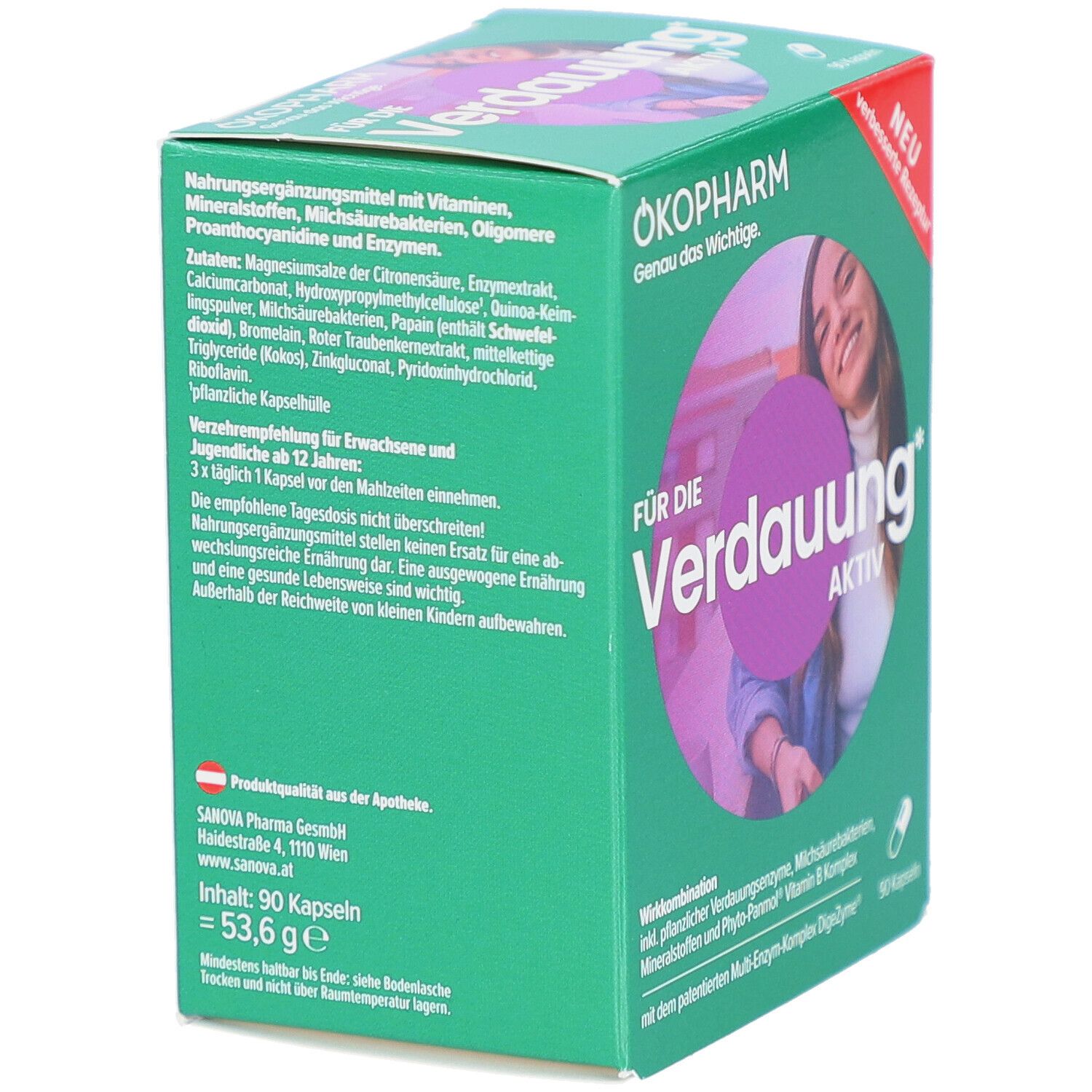 Grüne Schachtel, Rückseite mit Inhaltsstoffen und Dosierung. Text: ÖKOPHARM. 90 Kapseln. 53,6 g.