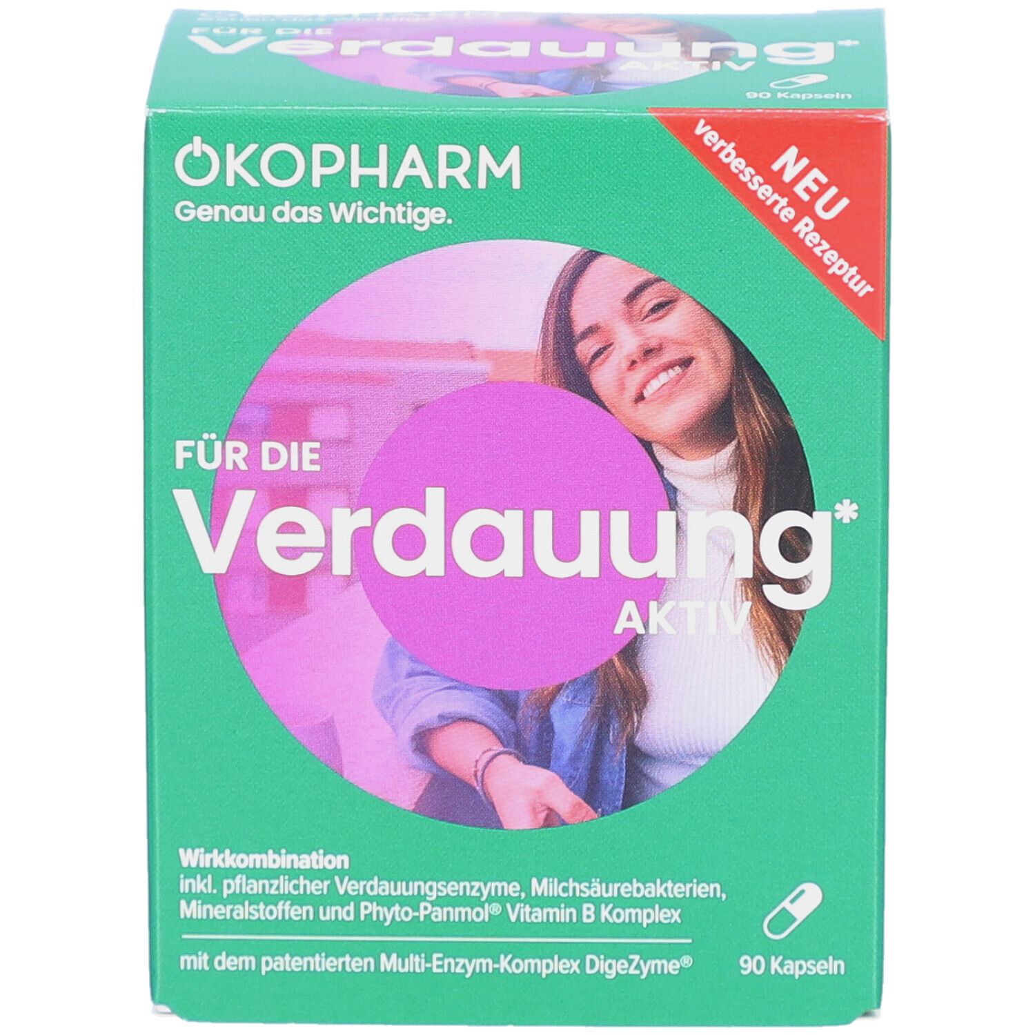 Grüne Schachtel mit Produktnamen und Frau. Text: Für die Verdauung aktiv. 90 Kapseln. Neu.