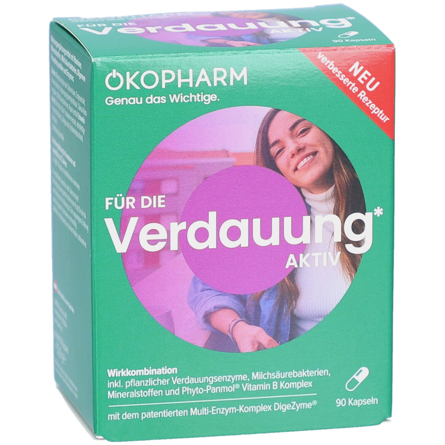 Grüne Schachtel mit Produktnamen und Frau. Text: Für die Verdauung aktiv. 90 Kapseln. Neu.