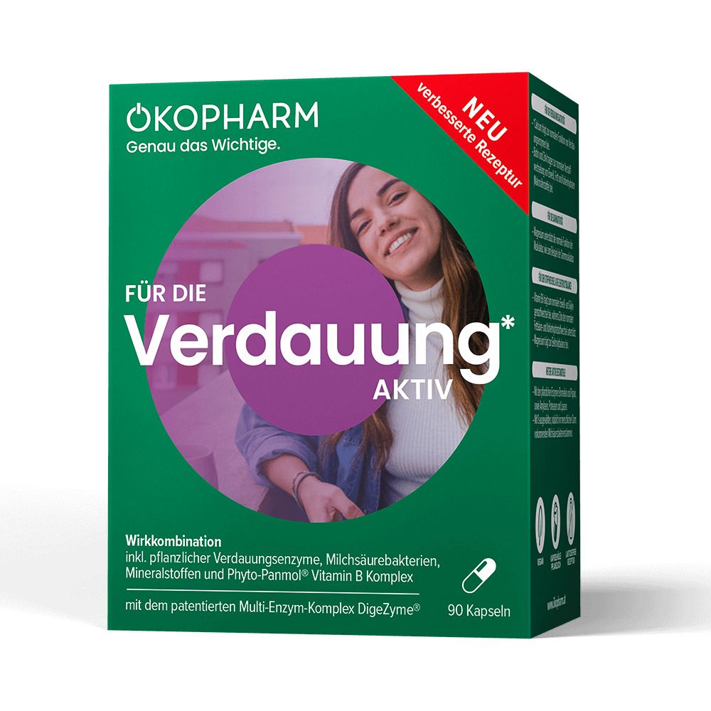 Grüne Schachtel mit Produktnamen und Frau. Text: Für die Verdauung aktiv. Enthält 90 Kapseln. Mit verbessertem Rezept.