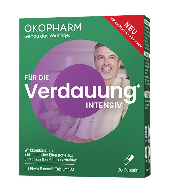 Grüne Verpackung mit Produktnamen ÖKOPHARM und dem Wort „Verdauung“. Enthält 30 Kapseln. Aufschrift: „Intensiv“ und „NEU“.