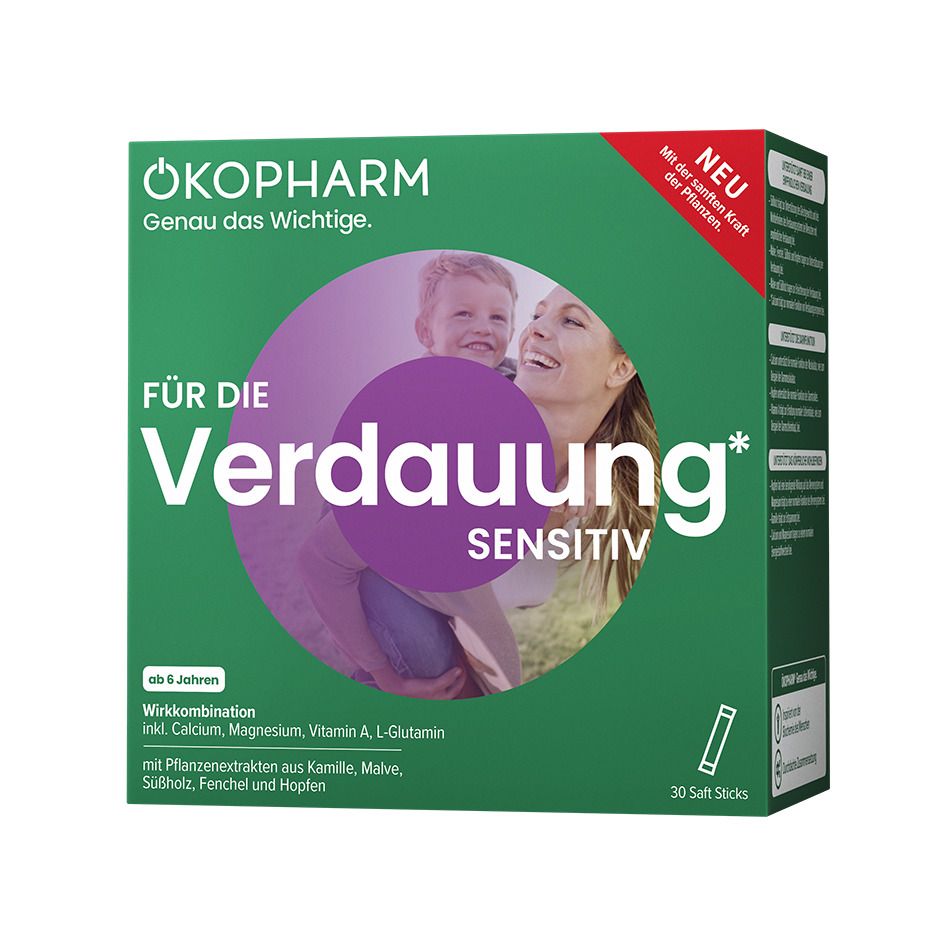 Grüne Schachtel mit Produktnamen ÖKOPHARM® Für die Verdauung Sensitiv. Enthält 30 Saft Sticks. Ab 6 Jahren.