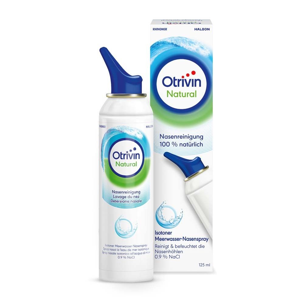 Nasenspray Otrivin Natural, Flasche und Verpackung. Blaue Spitze, weißes Gehäuse. Text: Nasenreinigung, 100% natürlich.
