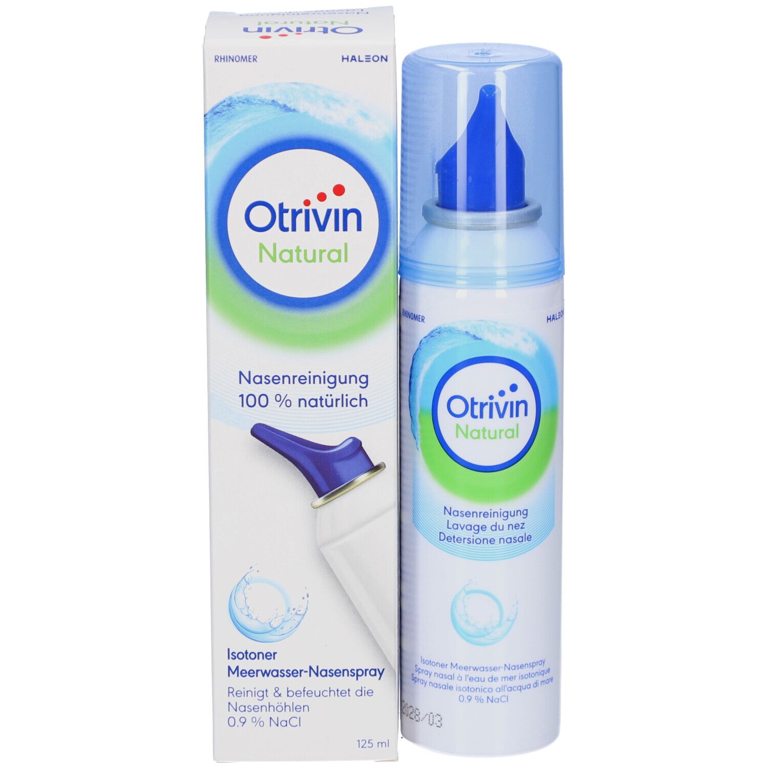 Nasenspray-Flasche und Verpackung. Aufschrift: Otrivin Natural. 100% natürlich. 125 ml.
